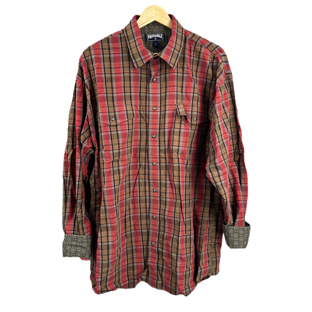 Panhandle Western Shirt Red Green Plaid Pearl‎ Snap Button Cowboy Large